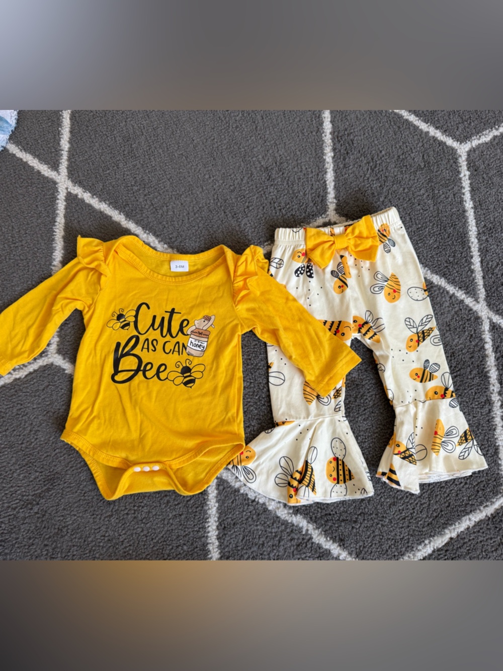 Baby Bee-Themed Yellow Ruffle Bodysuit & Bee Print Pants Set